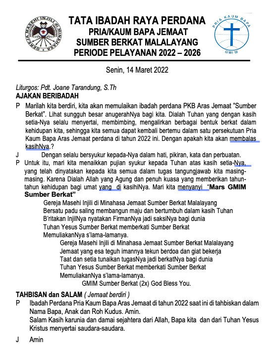 Tata Ibadah Raya Perdana P/KB SB 2022